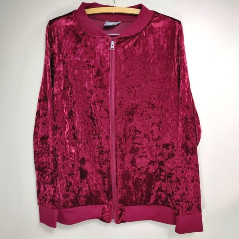 Daisy Fuentes Crushed Velvet Valentine's Day Bright Red Bomber Jacket